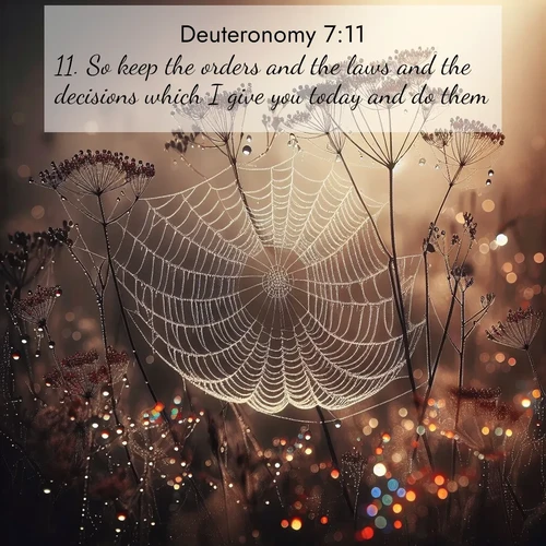 BBE Deuteronomy 7:11 overlaying nature image scene: Morning fog reveals spider galaxies. Dew drops capture rainbow light.;11. So keep the orders and the laws and the decisions which I give you today and do them.
