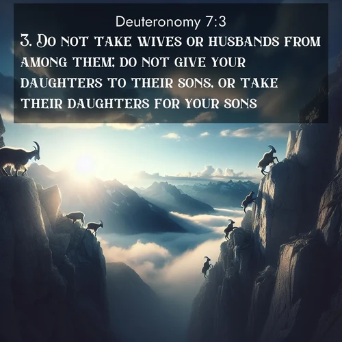 BBE Deuteronomy 7:3 overlaying nature image scene: Mountain goats traverse sheer faces. Clouds part to reveal their path.;3. Do not take wives or husbands from among them; do not give your daughters to their sons, or take their daughters for your sons.