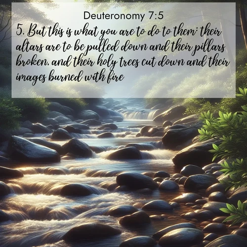 BBE Deuteronomy 7:5 overlaying nature image scene: A mountain stream tumbles over smooth rocks between banks of mountain laurel.;5. But this is what you are to do to them: their altars are to be pulled down and their pillars broken, and their holy trees cut down and their images burned with fire.