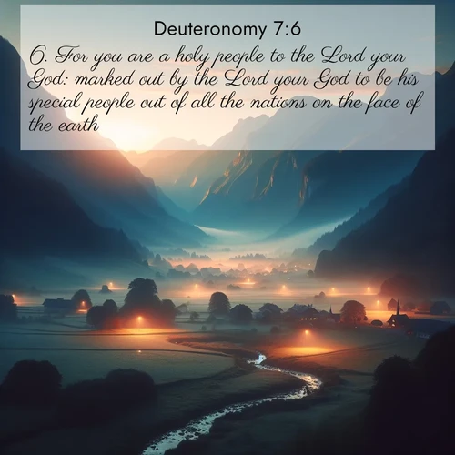 BBE Deuteronomy 7:6 overlaying nature image scene: Morning mist rises from valley streams. Birdsong heralds the dawn chorus.;6. For you are a holy people to the Lord your God: marked out by the Lord your God to be his special people out of all the nations on the face of the earth.
