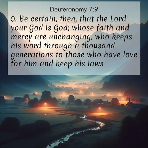 BBE Deuteronomy 7:9 overlaying nature image scene: Morning mist rises from valley streams. Birdsong heralds the dawn chorus.;9. Be certain, then, that the Lord your God is God; whose faith and mercy are unchanging, who keeps his word through a thousand generations to those who have love for him and keep his laws;