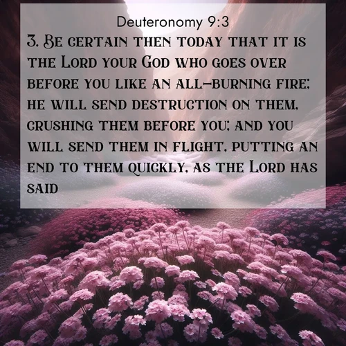 BBE Deuteronomy 9:3 overlaying nature image scene: Desert verbena carpets hidden canyons. Flash flood waters carved these gardens.;3. Be certain then today that it is the Lord your God who goes over before you like an all-burning fire; he will send destruction on them, crushing them before you; and you will send them in flight, putting an end to them quickly, as the Lord has said.