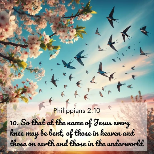 BBE Philippians 2:10 overlaying nature image scene: Spring migration fills the sky with countless swallows.;10. So that at the name of Jesus every knee may be bent, of those in heaven and those on earth and those in the underworld,