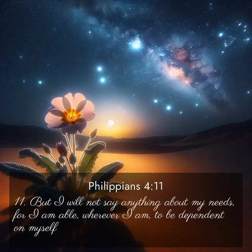 BBE Philippians 4:11 overlaying nature image scene: Desert primrose opens to stars. Night wind carries sweet perfume.;11. But I will not say anything about my needs, for I am able, wherever I am, to be dependent on myself.