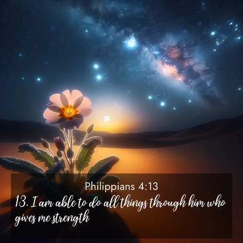 BBE Philippians 4:13 overlaying nature image scene: Desert primrose opens to stars. Night wind carries sweet perfume.;13. I am able to do all things through him who gives me strength.