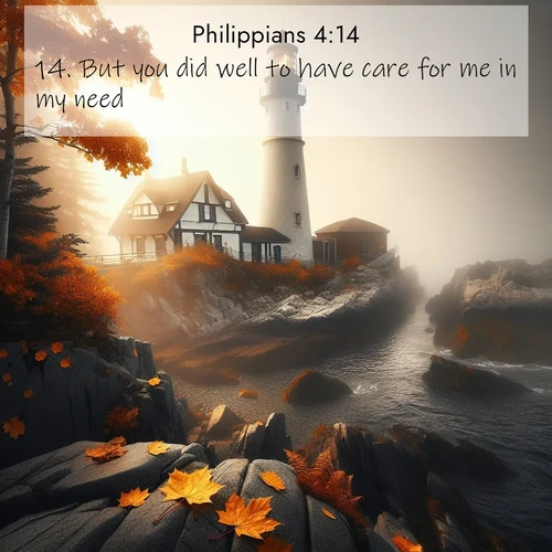 BBE Philippians 4:14 overlaying nature image scene: Autumn fog shrouds a lighthouse on rocky shores.;14. But you did well to have care for me in my need.