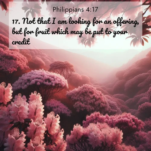 BBE Philippians 4:17 overlaying nature image scene: Mountain laurel blooms paint hillsides pink. Spring breezes carry their honey scent.;17. Not that I am looking for an offering, but for fruit which may be put to your credit.
