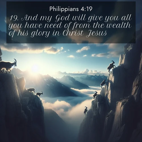 BBE Philippians 4:19 overlaying nature image scene: Mountain goats traverse sheer faces. Clouds part to reveal their path.;19. And my God will give you all you have need of from the wealth of his glory in Christ Jesus.