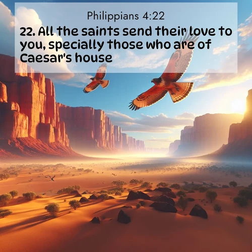 BBE Philippians 4:22 overlaying nature image scene: Desert hawks soar thermal currents. Red cliffs catch golden light.;22. All the saints send their love to you, specially those who are of Caesar's house.