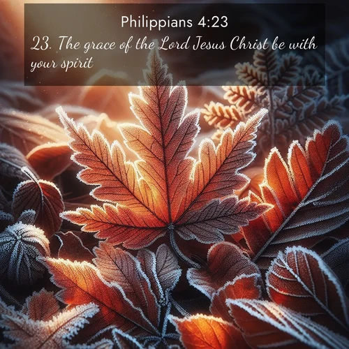 BBE Philippians 4:23 overlaying nature image scene: Autumn frost rims fallen leaves with crystal.;23. The grace of the Lord Jesus Christ be with your spirit.