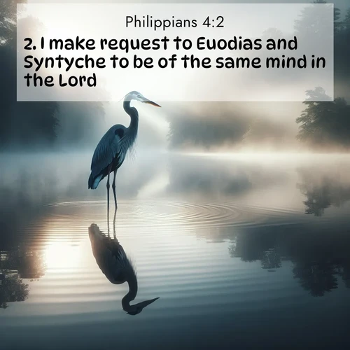 BBE Philippians 4:2 overlaying nature image scene: A great blue heron stands motionless in morning fog. Ripples spread from its reflection.;2. I make request to Euodias and Syntyche to be of the same mind in the Lord.