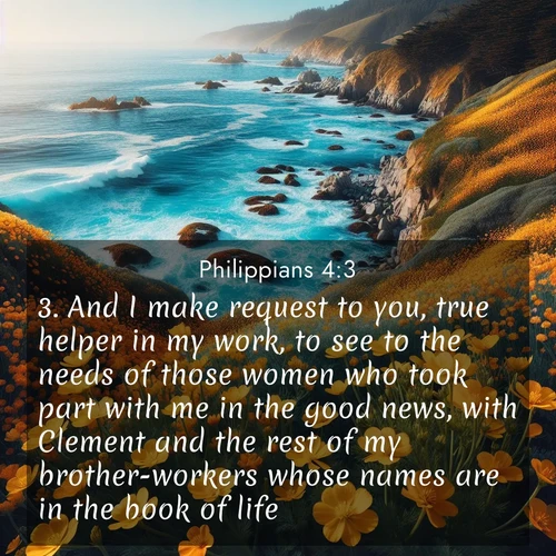 BBE Philippians 4:3 overlaying nature image scene: Wild mustard flowers carpet coastal cliffs. Pacific waves provide endless percussion below.;3. And I make request to you, true helper in my work, to see to the needs of those women who took part with me in the good news, with Clement and the rest of my brother-workers whose names are in the book of life.