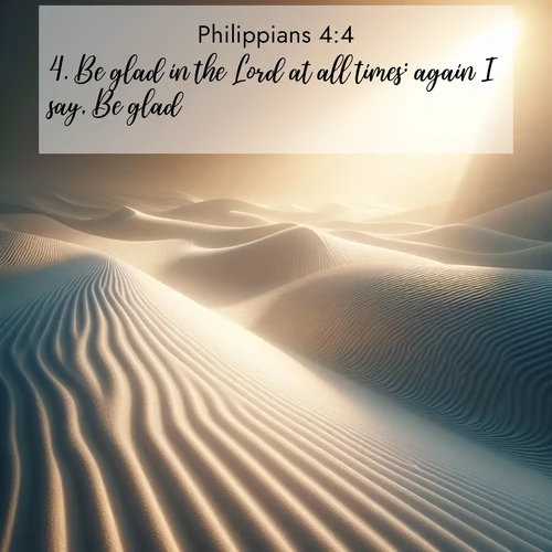 BBE Philippians 4:4 overlaying nature image scene: Sand ripples stretch endlessly across white gypsum dunes.;4. Be glad in the Lord at all times: again I say, Be glad.