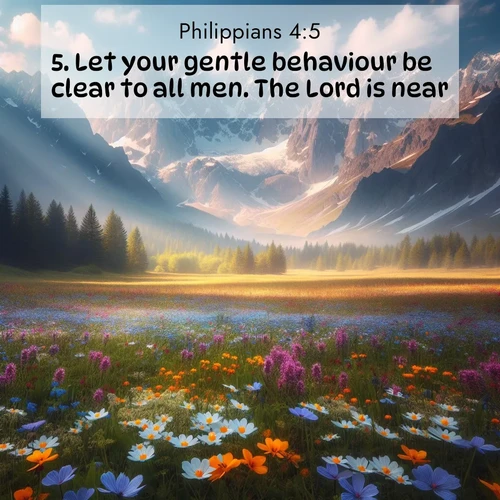 BasicEnglish Philippians  ; image nature: image with the bible verse :Let your gentle behaviour be clear to all men. The Lord is near. ; Download Bible verse images paired with breathtaking nature photos like golden deserts, shimmering seas, and blossoming orchards. These high-quality, free images are perfect for wallpapers or sharing. Verses include KJV Philippians 4:5. Current verse is overlayed with the thematic nature scene : Spring wildflowers carpet an alpine meadow beneath snow-capped peaks. ; 4:5