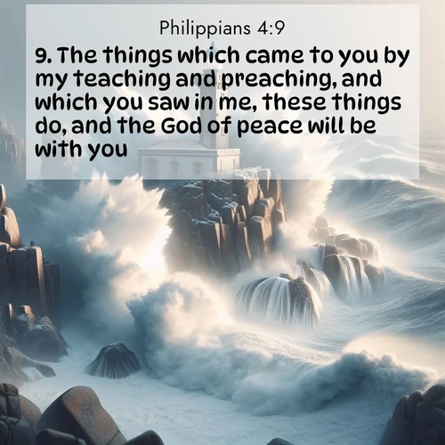 BBE Philippians 4:9 overlaying nature image scene: Winter storms send massive waves crashing against lighthouse rocks.;9. The things which came to you by my teaching and preaching, and which you saw in me, these things do, and the God of peace will be with you.