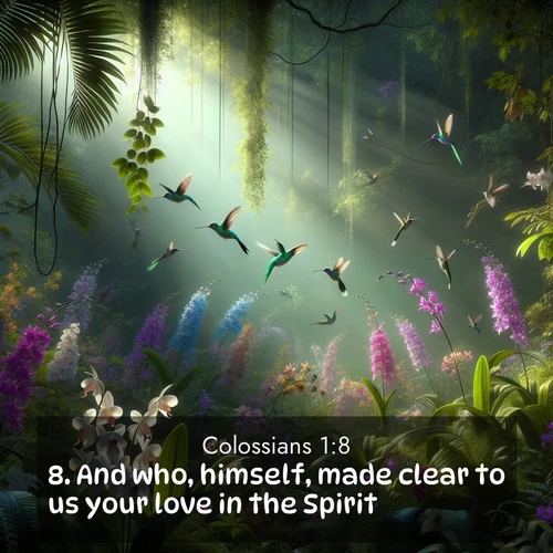 BBE Colossians 1:8 overlaying nature image scene: Wild orchids bloom in a rainforest canopy. Hummingbirds dart between the delicate flowers.;8. And who, himself, made clear to us your love in the Spirit.