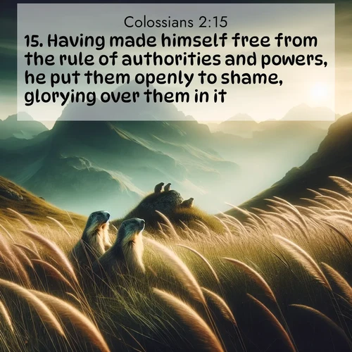 BBE Colossians 2:15 overlaying nature image scene: Mountain meadow grasses bend in wind. Marmots whistle from rocky outcrops.;15. Having made himself free from the rule of authorities and powers, he put them openly to shame, glorying over them in it.