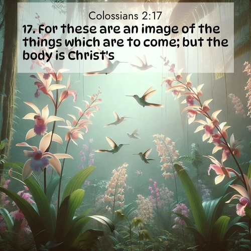BBE Colossians 2:17 overlaying nature image scene: Wild orchids bloom in rainforest canopy. Hummingbirds dance between delicate petals.;17. For these are an image of the things which are to come; but the body is Christ's.