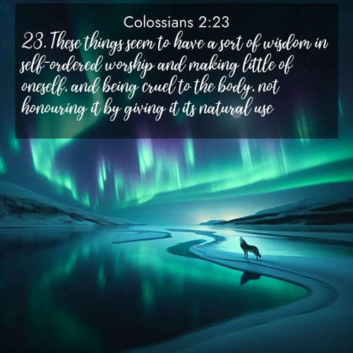 BBE Colossians 2:23 overlaying nature image scene: Northern lights dance across a frozen lake in ribbons of green and purple. A lone wolf howls from the distant shore.;23. These things seem to have a sort of wisdom in self-ordered worship and making little of oneself, and being cruel to the body, not honouring it by giving it its natural use.