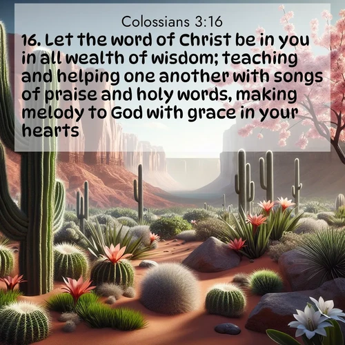 BBE Colossians 3:16 overlaying nature image scene: Desert cacti burst with spring blooms against red sandstone formations.;16. Let the word of Christ be in you in all wealth of wisdom; teaching and helping one another with songs of praise and holy words, making melody to God with grace in your hearts.