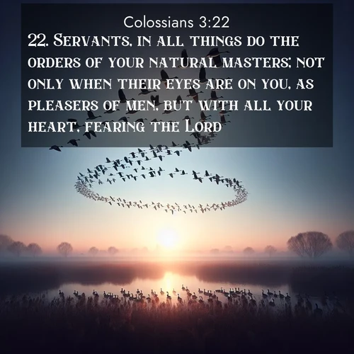BBE Colossians 3:22 overlaying nature image scene: Wild geese arrow through dawn sky. Their calls wake sleeping marshes.;22. Servants, in all things do the orders of your natural masters; not only when their eyes are on you, as pleasers of men, but with all your heart, fearing the Lord: