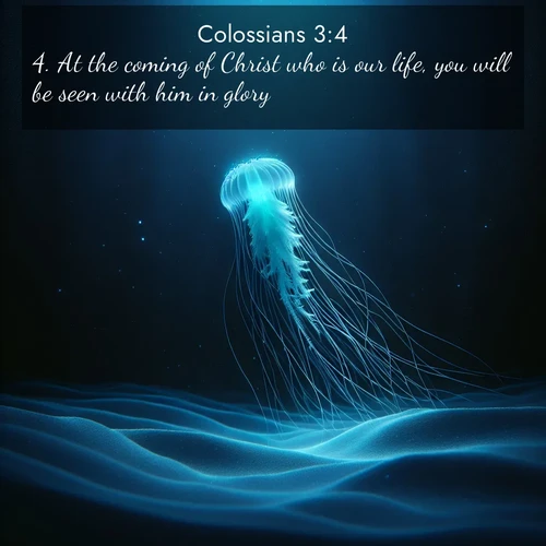 BBE Colossians 3:4 overlaying nature image scene: A lone jellyfish pulses through midnight waters. Its bioluminescent tendrils paint trails of azure light in the depths.;4. At the coming of Christ who is our life, you will be seen with him in glory.