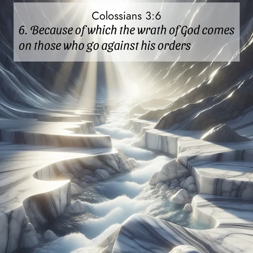 BBE Colossians 3:6 overlaying nature image scene: Mountain streams carve marble smooth. Sunlight dances on clear pools.;6. Because of which the wrath of God comes on those who go against his orders;