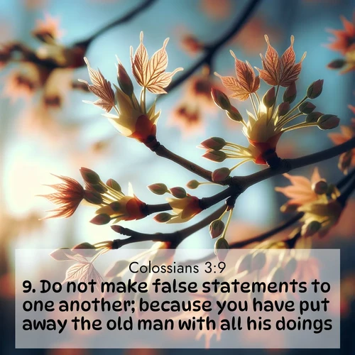 BBE Colossians 3:9 overlaying nature image scene: Spring buds burst open on maple branches against a blue sky.;9. Do not make false statements to one another; because you have put away the old man with all his doings,
