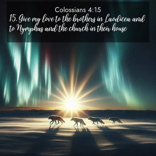 BBE Colossians 4:15 overlaying nature image scene: Arctic wolves traverse windswept tundra. Northern lights paint their fur in shifting colors.;15. Give my love to the brothers in Laodicea and to Nymphas and the church in their house.