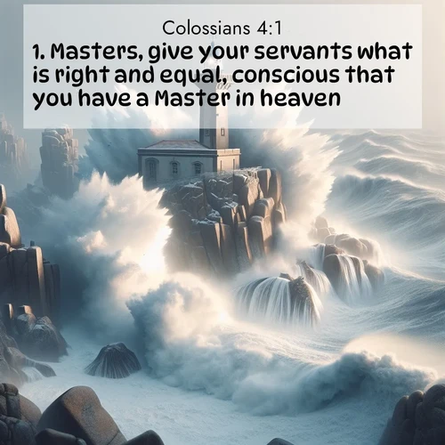 BBE Colossians 4:1 overlaying nature image scene: Winter storms send massive waves crashing against lighthouse rocks.;1. Masters, give your servants what is right and equal, conscious that you have a Master in heaven.