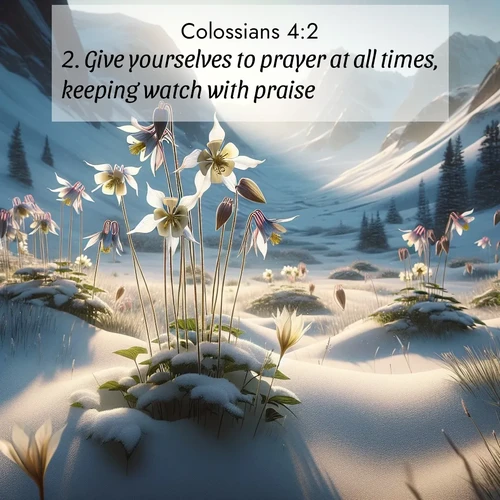 BBE Colossians 4:2 overlaying nature image scene: Wild columbines nod in alpine breeze. Glacier lilies dot snowy meadows.;2. Give yourselves to prayer at all times, keeping watch with praise;