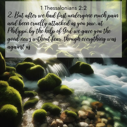 BBE 1 Thessalonians 2:2 overlaying nature image scene: A mountain stream tumbles through moss-covered stones. Sunlight dapples the crystal-clear water.;2. But after we had first undergone much pain and been cruelly attacked as you saw, at Philippi, by the help of God we gave you the good news without fear, though everything was against us.
