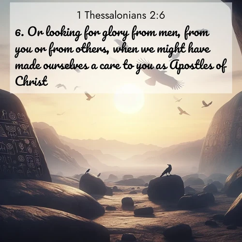 BBE 1 Thessalonians 2:6 overlaying nature image scene: Desert petroglyphs tell ancient stories. Ravens soar past wearing shadows for wings.;6. Or looking for glory from men, from you or from others, when we might have made ourselves a care to you as Apostles of Christ.