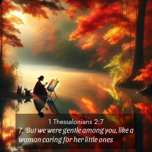 BBE 1 Thessalonians 2:7 overlaying nature image scene: An artist paints beside still waters. Autumn colors double in reflection.;7. But we were gentle among you, like a woman caring for her little ones:
