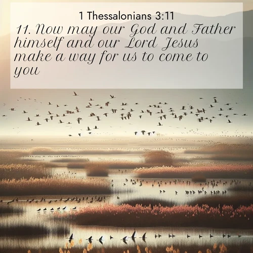 BBE 1 Thessalonians 3:11 overlaying nature image scene: Spring migration fills marshlands with calling birds.;11. Now may our God and Father himself and our Lord Jesus make a way for us to come to you;
