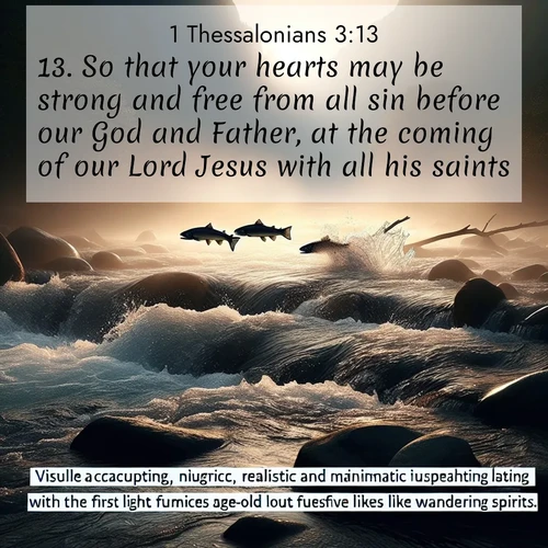 BasicEnglish 1 Thessalonians  ; image nature: image with the bible verse :So that your hearts may be strong and free from all sin before our God and Father, at the coming of our Lord Jesus with all his saints. ; Access a vast collection of Bible verse images illustrated with natural landscapes like calm rivers, blooming fields, and bright horizons. These images emphasize the serenity and splendor of God&#039;s creation, accompanied by aesthetic fonts and joyful colors. Download verses like KJV 1 Thessalonians 3:13 and share them. Current verse is overlayed with the thematic nature scene : Wild salmon leap ancient rapids. Mist rises like spirits at dawn. ; 3:13