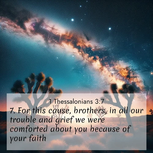 BBE 1 Thessalonians 3:7 overlaying nature image scene: Joshua trees reach twisted arms to desert stars. The Milky Way arcs overhead like a river of light.;7. For this cause, brothers, in all our trouble and grief we were comforted about you because of your faith;