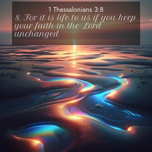 BBE 1 Thessalonians 3:8 overlaying nature image scene: Tidal pools reflect sunset colors at low tide.;8. For it is life to us if you keep your faith in the Lord unchanged.