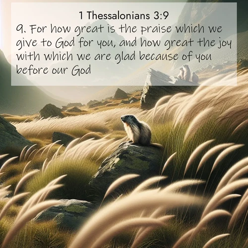 BBE 1 Thessalonians 3:9 overlaying nature image scene: Mountain meadow grasses bend in alpine wind. Marmots whistle warnings from rocky outcrops.;9. For how great is the praise which we give to God for you, and how great the joy with which we are glad because of you before our God;