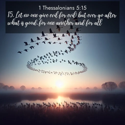 BBE 1 Thessalonians 5:15 overlaying nature image scene: Wild geese arrow through dawn sky. Their calls wake sleeping marshes.;15. Let no one give evil for evil; but ever go after what is good, for one another and for all.