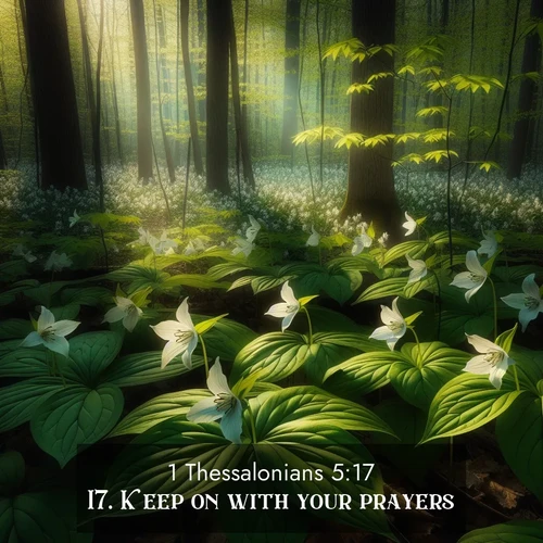BBE 1 Thessalonians 5:17 overlaying nature image scene: Wild trillium carpets the forest floor. Sunlight filters green through new spring leaves.;17. Keep on with your prayers.
