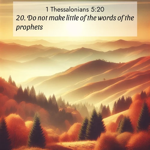 BasicEnglish 1 Thessalonians  ; image nature: image with the bible verse :Do not make little of the words of the prophets; ; Discover Bible images capturing the splendor of deserts, with golden dunes, vast skies, and peaceful oases. These landscapes highlight the grandeur and serenity of God&#039;s creation. Share verses like KJV 1 Thessalonians 5:20. Current verse is overlayed with the thematic nature scene : Autumn colors paint hillsides in warm earth tones. ; 5:20