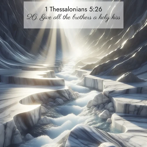 BBE 1 Thessalonians 5:26 overlaying nature image scene: Mountain streams carve marble smooth. Sunlight dances on clear pools.;26. Give all the brothers a holy kiss.