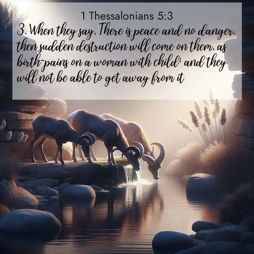 BBE 1 Thessalonians 5:3 overlaying nature image scene: Desert bighorns drink from hidden springs. Time flows like water through stone.;3. When they say, There is peace and no danger, then sudden destruction will come on them, as birth-pains on a woman with child; and they will not be able to get away from it.