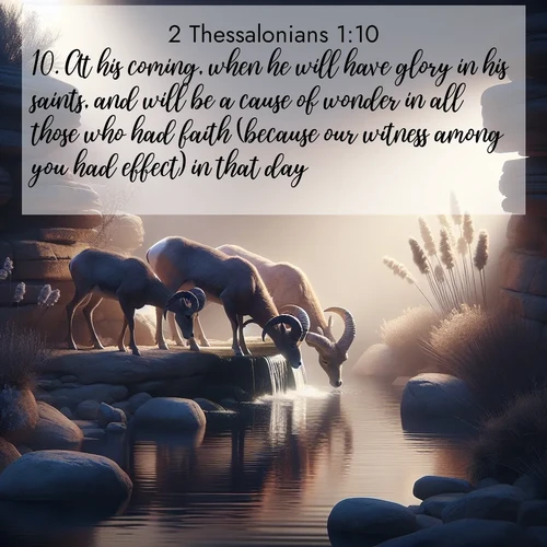 BasicEnglish 2 Thessalonians  ; image nature: image with the bible verse :At his coming, when he will have glory in his saints, and will be a cause of wonder in all those who had faith (because our witness among you had effect) in that day. ; Explore a stunning collection of Bible verse images featuring picturesque scenery like sun-drenched meadows, tranquil lakes, and majestic forests. All images are free to download and share. Verses include KJV 2 Thessalonians 1:10. Current verse is overlayed with the thematic nature scene : Desert bighorns drink from hidden springs. Time flows like water through stone. ; 1:10