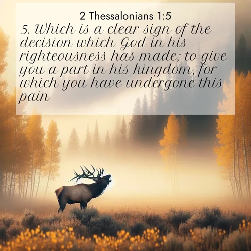 BBE 2 Thessalonians 1:5 overlaying nature image scene: A bull elk bugles across a misty valley. Aspen leaves quake golden in response.;5. Which is a clear sign of the decision which God in his righteousness has made; to give you a part in his kingdom, for which you have undergone this pain;