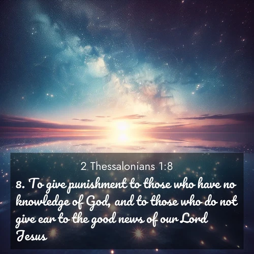 BBE 2 Thessalonians 1:8 overlaying nature image scene: Stars reflect perfectly in the salt flats after rainfall. The horizon disappears in the mirror-like expanse.;8. To give punishment to those who have no knowledge of God, and to those who do not give ear to the good news of our Lord Jesus: