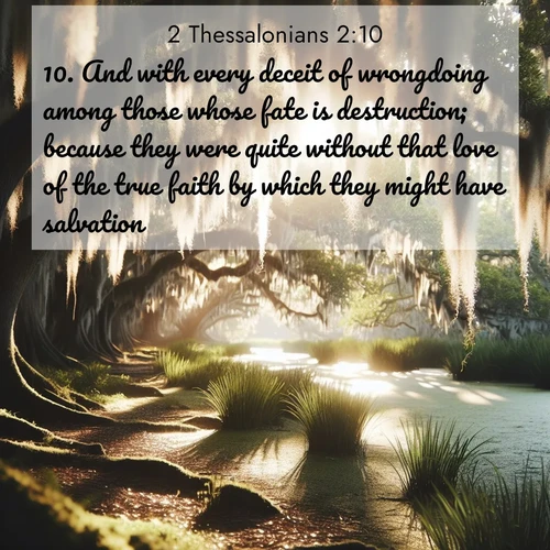 BBE 2 Thessalonians 2:10 overlaying nature image scene: Summer afternoon light filters through Spanish moss in a bayou.;10. And with every deceit of wrongdoing among those whose fate is destruction; because they were quite without that love of the true faith by which they might have salvation.
