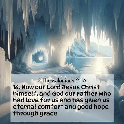 BBE 2 Thessalonians 2:16 overlaying nature image scene: Winter ice forms crystal caves along lake cliffs.;16. Now our Lord Jesus Christ himself, and God our Father who had love for us and has given us eternal comfort and good hope through grace,