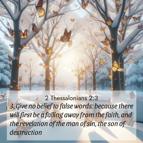BBE 2 Thessalonians 2:3 overlaying nature image scene: Monarch butterflies cover winter trees. Their wings catch light like stained glass.;3. Give no belief to false words: because there will first be a falling away from the faith, and the revelation of the man of sin, the son of destruction,